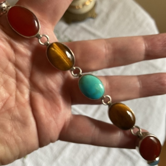 Sterling Silver 925 Turquoise/Tiger Eye/Carnelian/Blue Chalcedony Bracelet - Picture 11 of 11